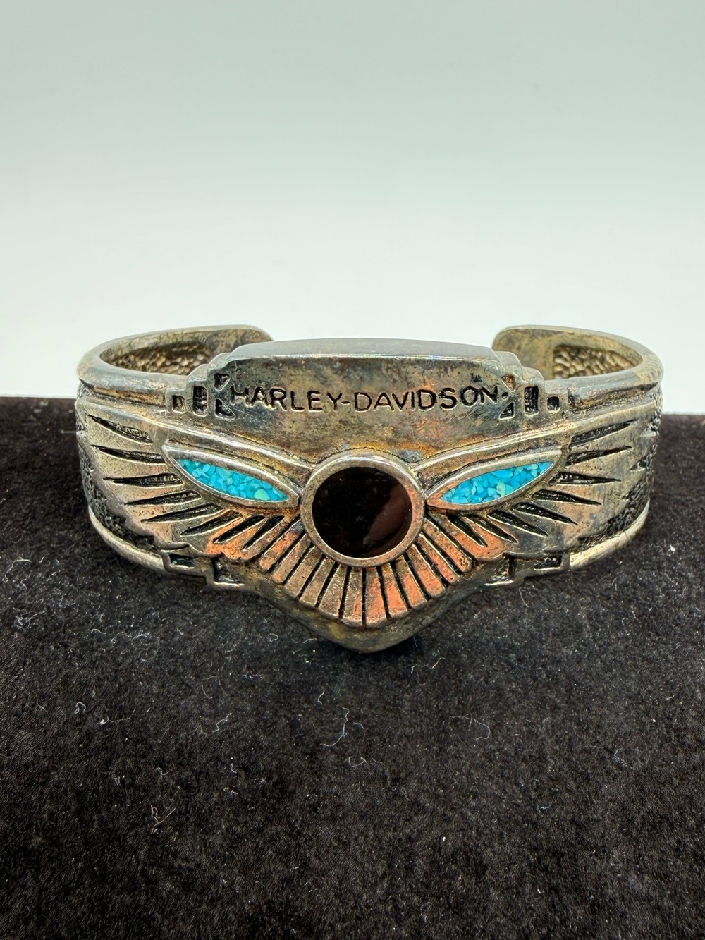 Vintage 1994 Harley-Davidson Eagle Wing Turquoise Inlay Cuff Bracelet 6.25”